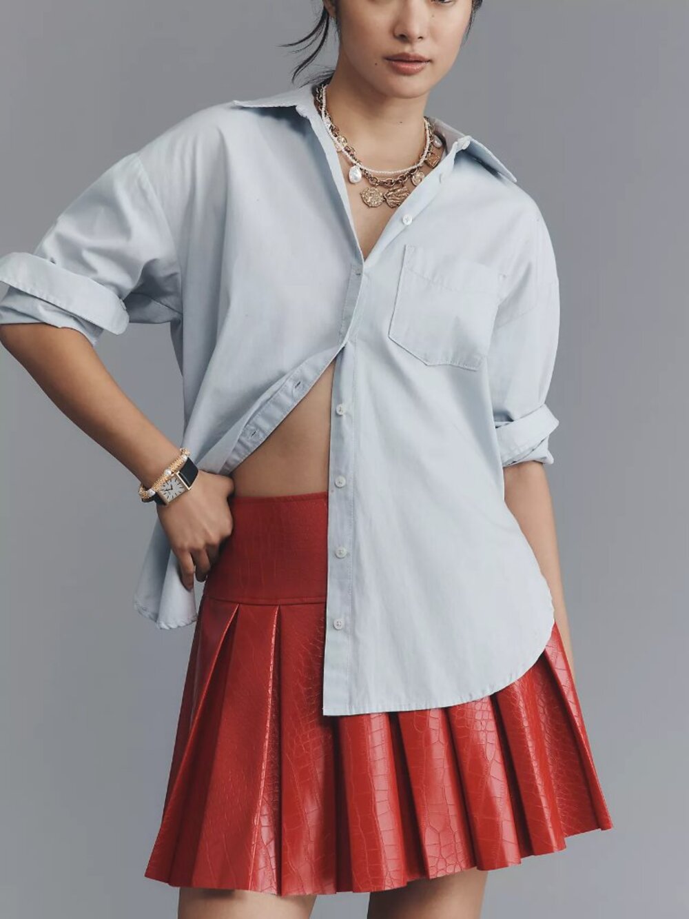 Maeve Red Patent Faux Crocodile Leather Pleated Mini Skirt